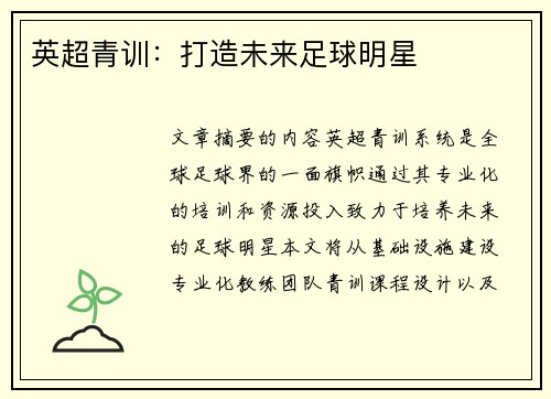 英超青训：打造未来足球明星